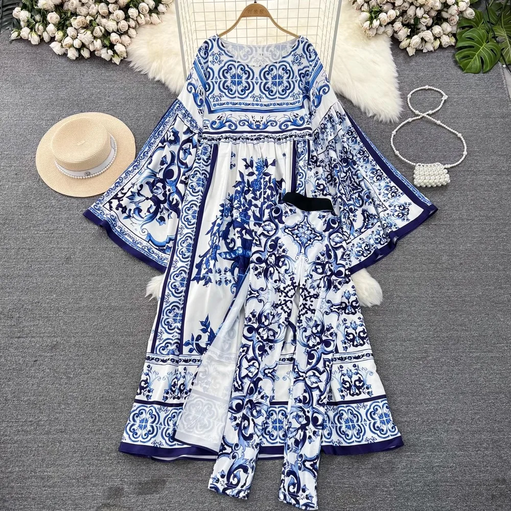 

Runway Autumn Chiffon Maxi Dress Women O Neck Flare Sleeve Blue And White Porcelain Print Split Smock + Vacation Trouser Suits