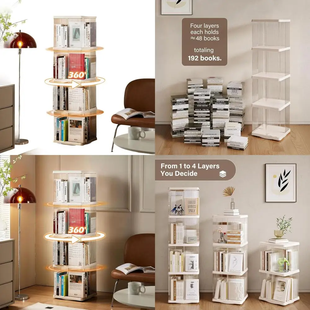

Compact 360-Degree Rotating Bookshelf, Corner Floor Standing Display, Plastic Storage Organizer for Home