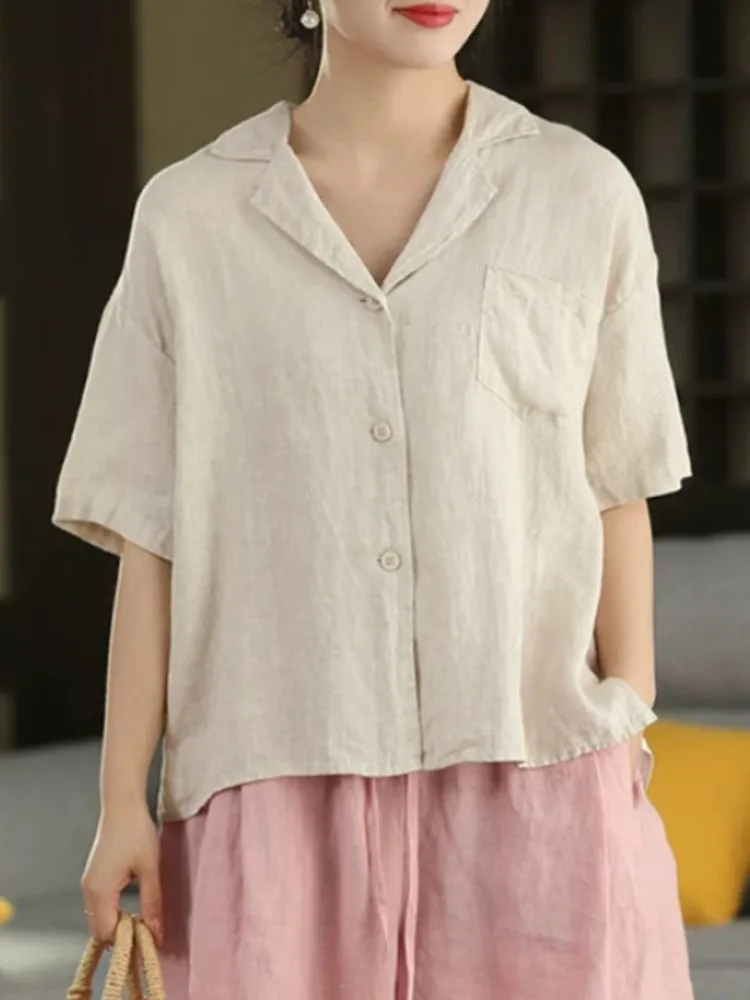 Johnature Women Vintage Linen Shirts And Tops 2026 Summer New Chinese Style Solid Color Short Sleeve Button Female Blouses