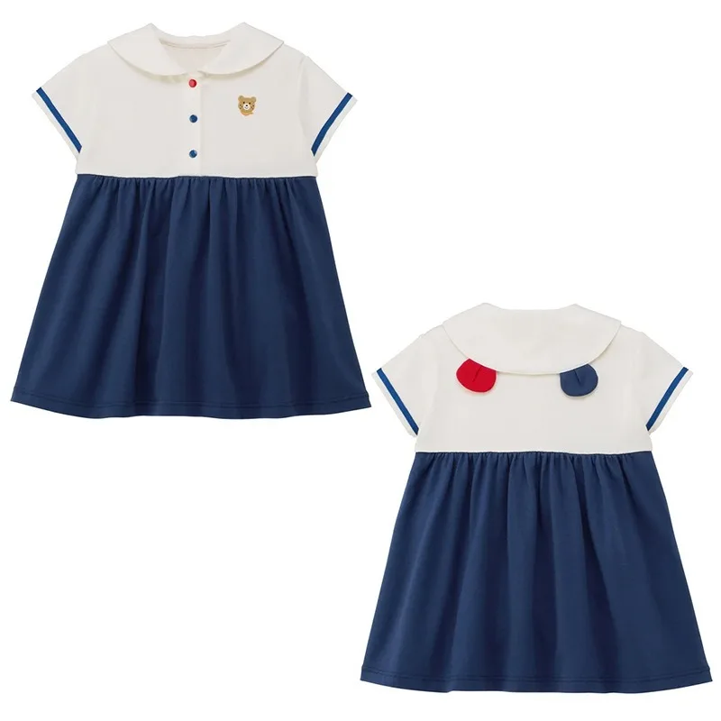 Summer Japanese Style Girls Dresses Cute Mashi Bear Cartoon Bear Embroidery Sailor Collar Short Sleeve Casual Dress