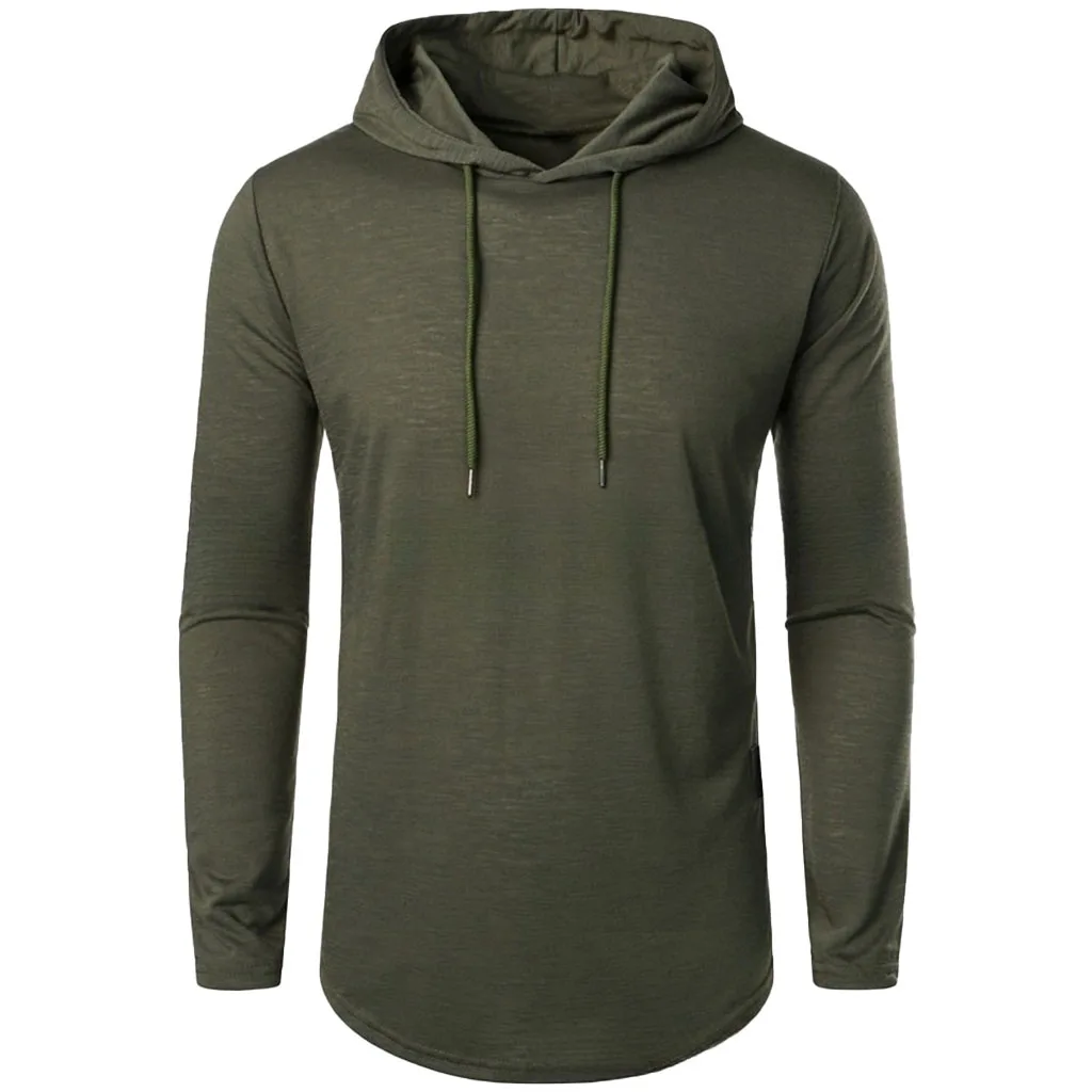 Herren-Langarm-T-Shirt mit Kapuze, Kordelzug, Baumwolle, lässig, gemütlich, einfarbig, schmale Passform, für Herren, Sport, Fitness, atmungsaktiv – Detail 5