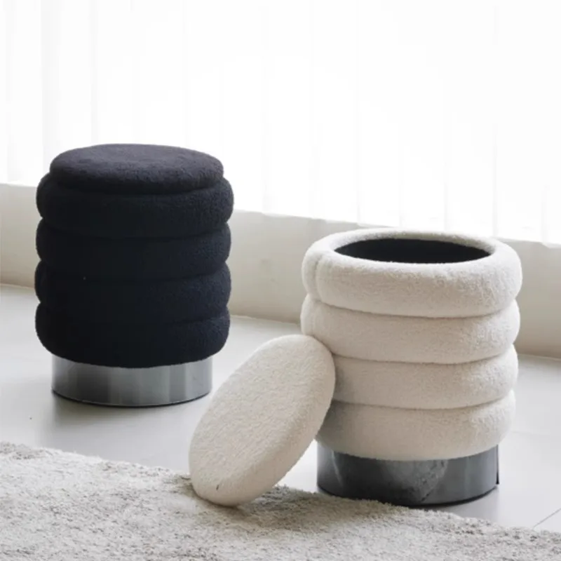 

Teddy Fleece Wood Round Stool Stable Shoe Bench Cream Style Vanity Ottoman Storage Makeup Seat for Bedroom