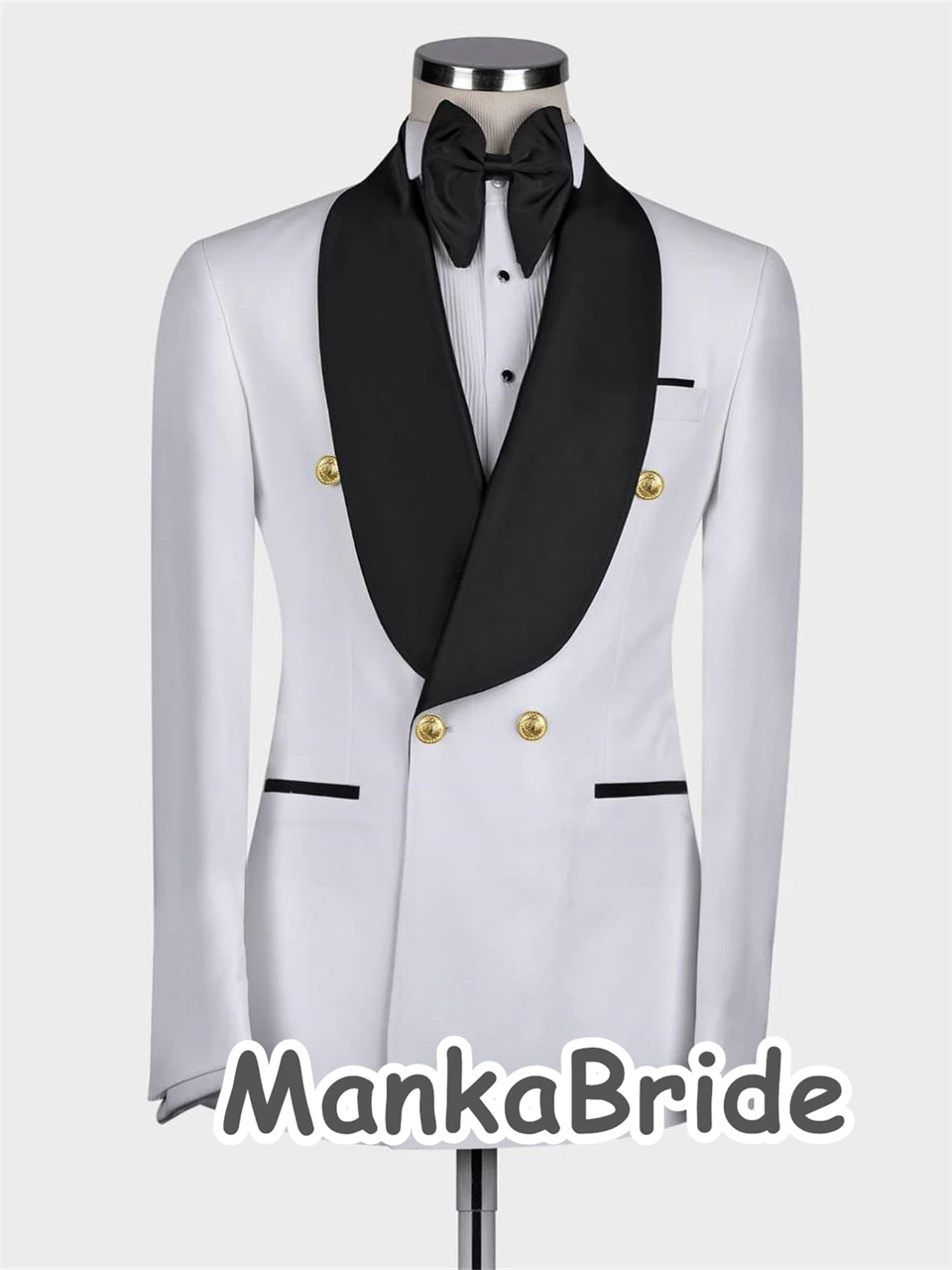 Male Fashion Suits  Double Breasted Jacket Pants 2 Pieces Formal Business Prom Party Suit White Groom Tuxedo for Wedding