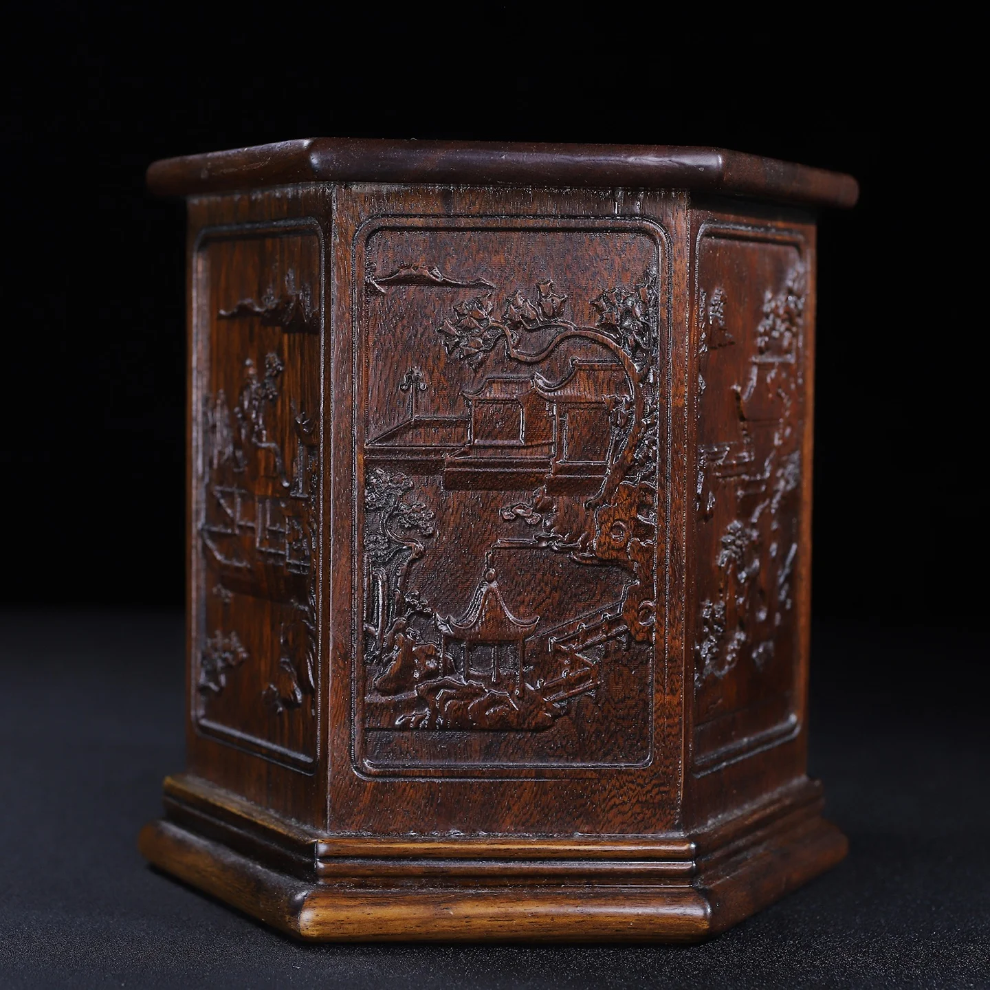 Old Collection Of Rosewood Hexagonal Pen Holders, Length 14.5Cm