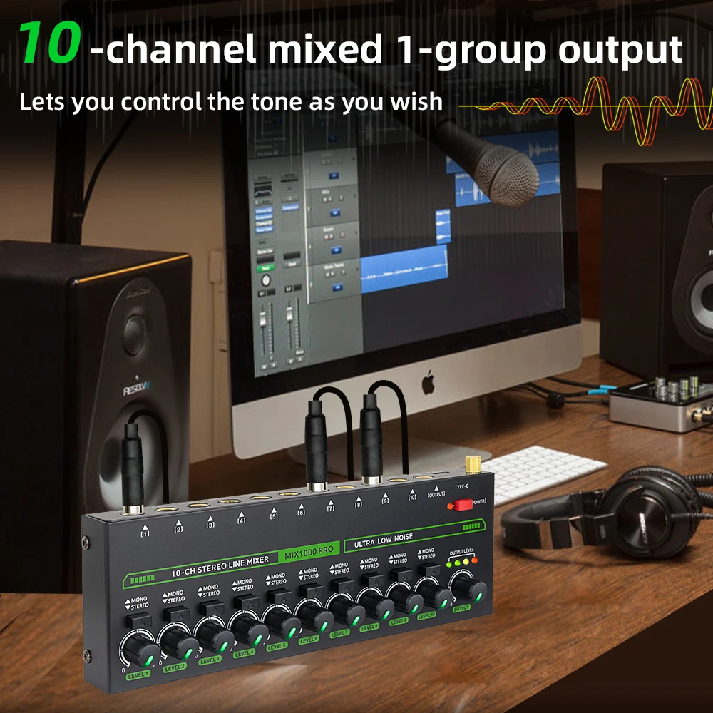 10 Channel Sound Mixer USB 5V Power Stereo Low Noise Line LED Sound Mixer for Microphones Guitars Bass Keyboards