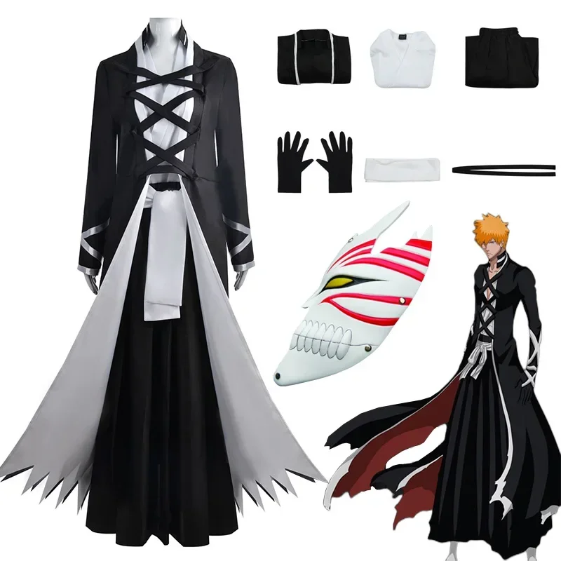 

Coslan BLEACH Kurosaki Ichigo Cosplay Costume Bankai Kimono Uniform Thousand-Year Blood War Shinigami Attire Mask Halloween Cost