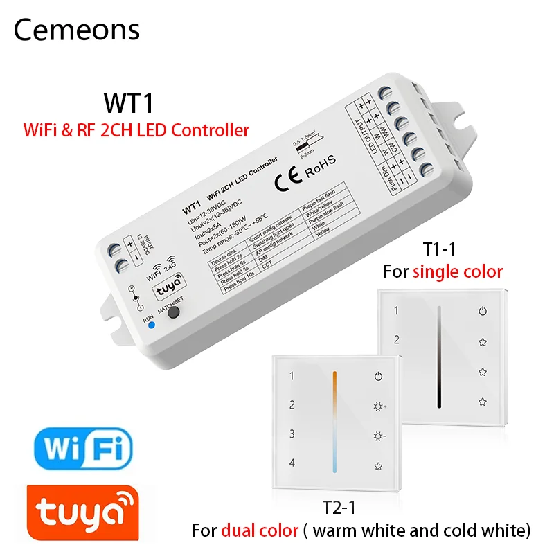 Tuya LED Dimmer WT1 12-36V DC 2CH Smart Wifi 2.4G RF Wireless Remote Dimmer Wall Mounted Touch Glass Panel Controller T21 T22