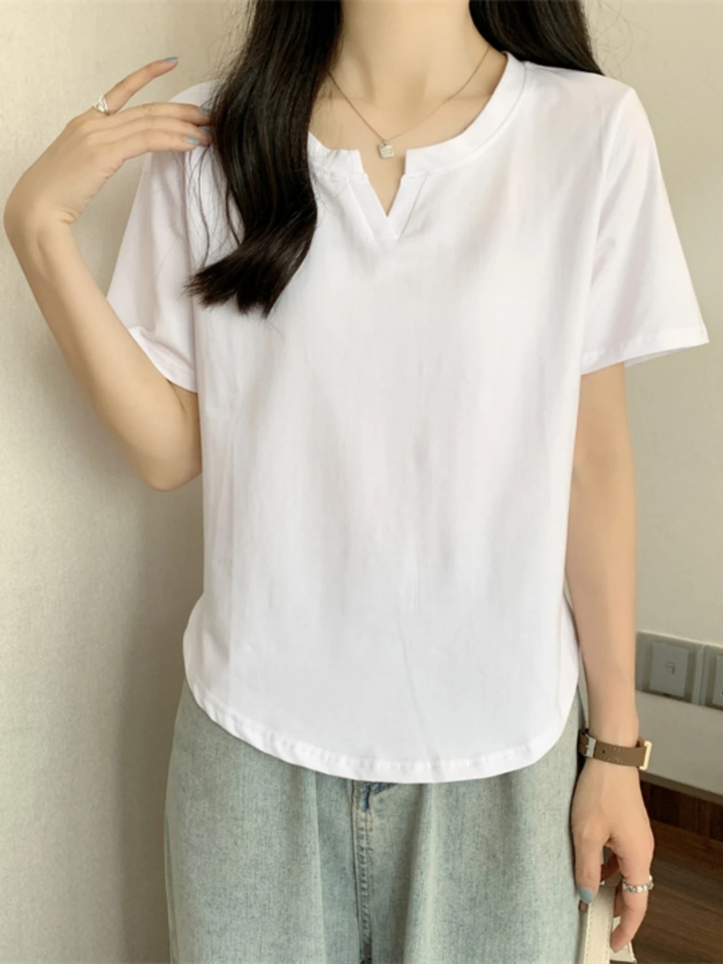 Pure White V-Neck Short Sleeve T-Shirt Base Shirt Women Summer New Large Size Fat MM Slimming Casual Simple Top
