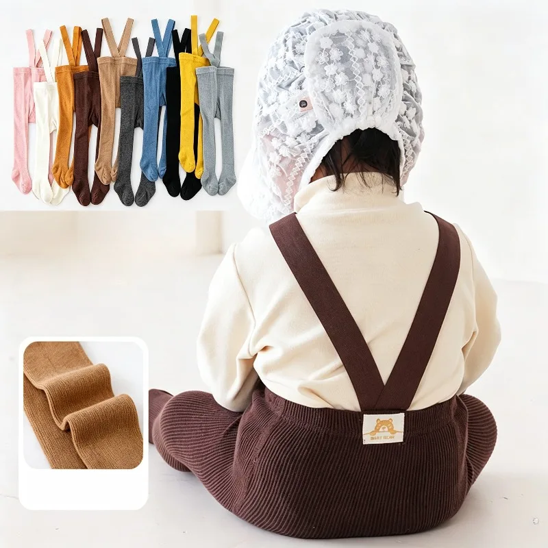 Baby Suspender Tights 0-24M Newborn Infant Knit Cotton Solid High Waist Overall Leggings Boys Girls Autumn Winter