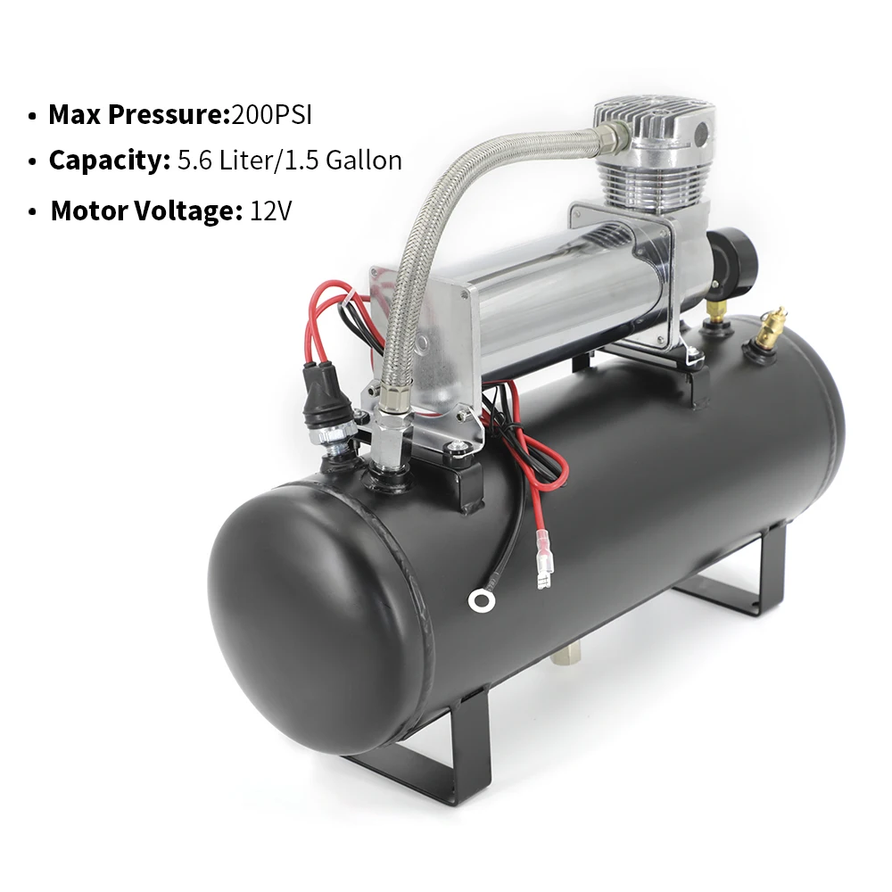 Universal 12v Car Air Ride Suspension Kit Tire Inflation Tool with 1.5 Gallon Air Tank,3/8 NPT Air Compressor,Air pressure Gauge