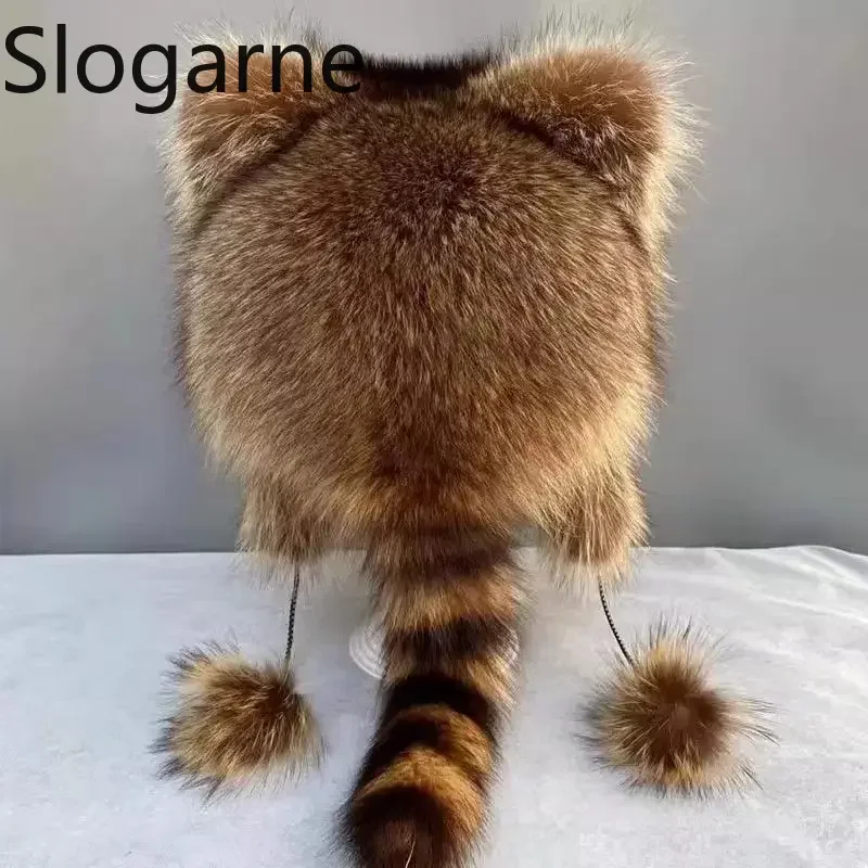 

Children New Faux Raccoon Bomber Hats Adult Women Winter American Raccoon Ear Protection Girls Faux Fox Fur Cat Ear Hat Ski Caps
