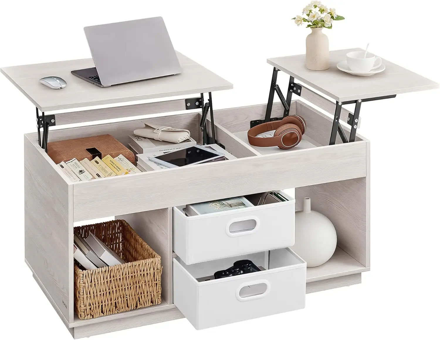 Couchtisch, höhenverstellbarer Wohnzimmertisch, 2-Schubladen und versteckte Fächer, oferflocken beige LCT210K01