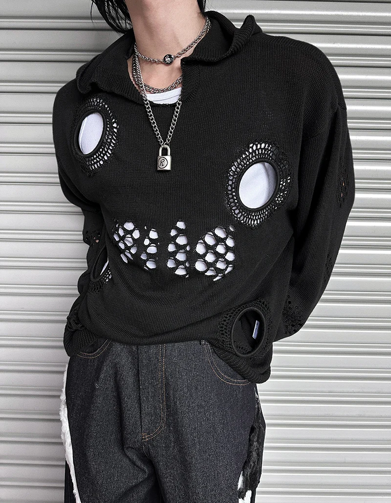 Men's Trendy Sweaters Hoodies Jackets 2025 Autumn Winter New Fashion Versatile Hooded Knitted Tops Loose Hole Pullover Knitwears