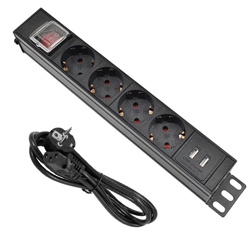 

4Ways PDU Power Strip EU Socket with IEC-C14 Port extend with Circuit Breaker Switche USB Wireless or 2-meter extension cab