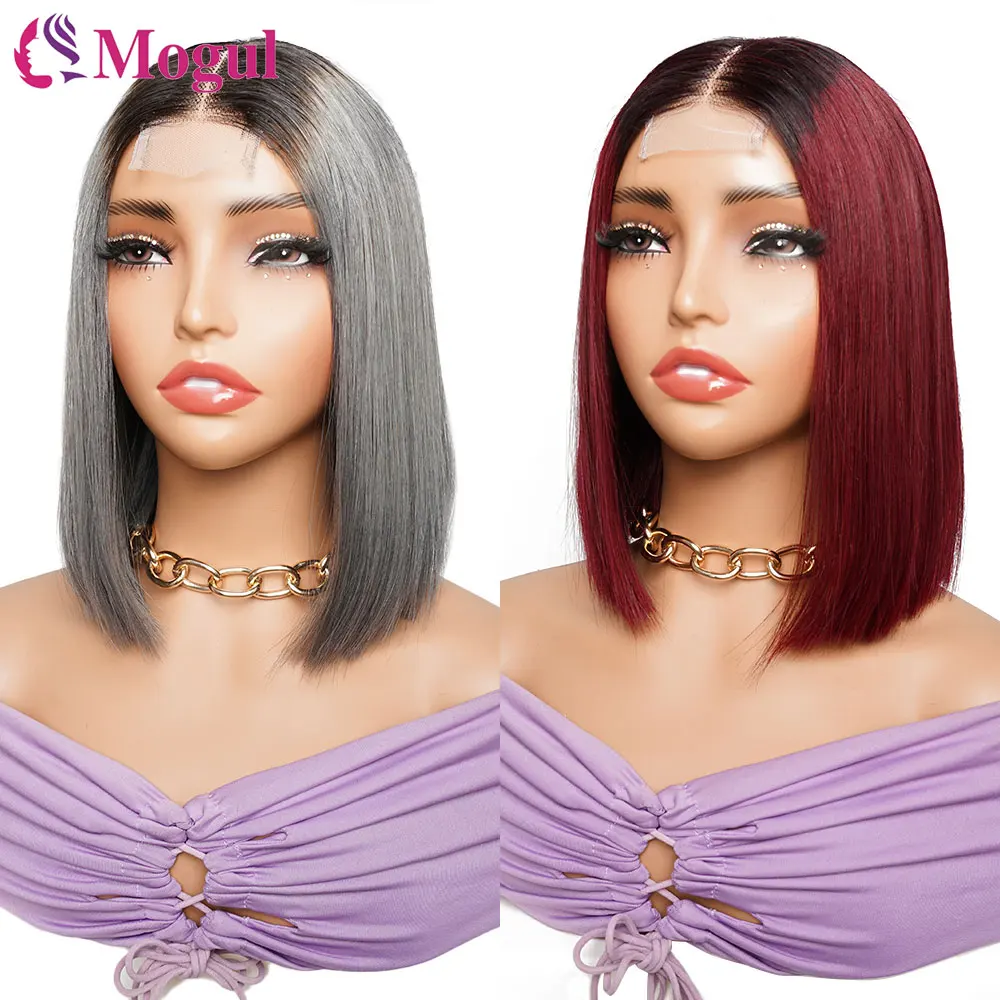 

12A 350 Density 2x4Lace Closure Short Bob Wig Super Double Drawn Straight Bob Wig Gray Vietname Human Hair Lace Wig ForBlack
