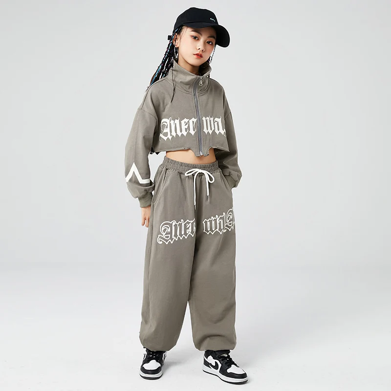 Kids Hip Hop Clothing Teenager Gray Crop Sweatshirt Casual Sport Sweat Joggers Pants For Girls Jazz Dance Costume Kpop Clothes