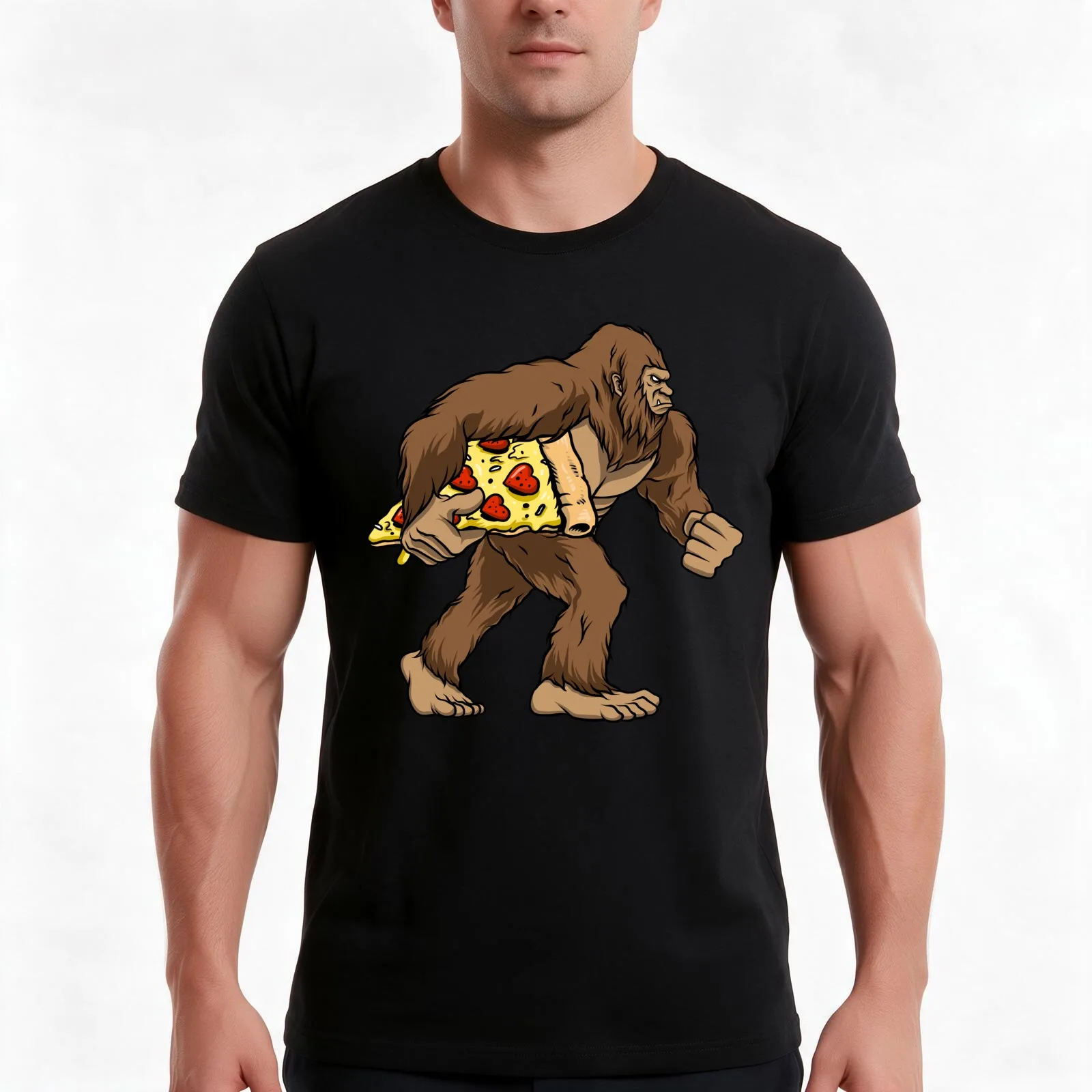 Bigfoot Carrying Pizza Funny Sasquatch Food Lover Gifts T-Shirt, Summer Casual Cotton Tee, Oversized Streetwear Tops
