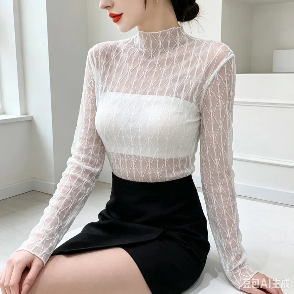 Women\'s Mid-Neck Tulle Long Sleeve Lace T Shirt for Summer Vacation Beach Cycling Outfit Regular Fit Polyester