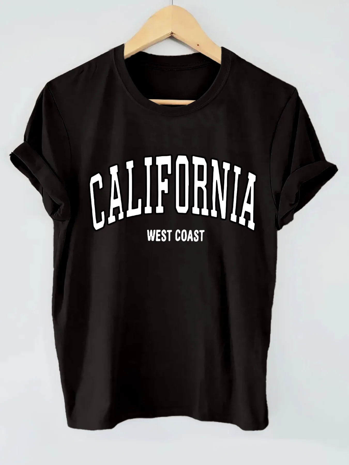 

Women's California West Coast Graphic T-Shirt - Black with White Letter Print, Short Sleeve Crew Neck Casual Top, Regular