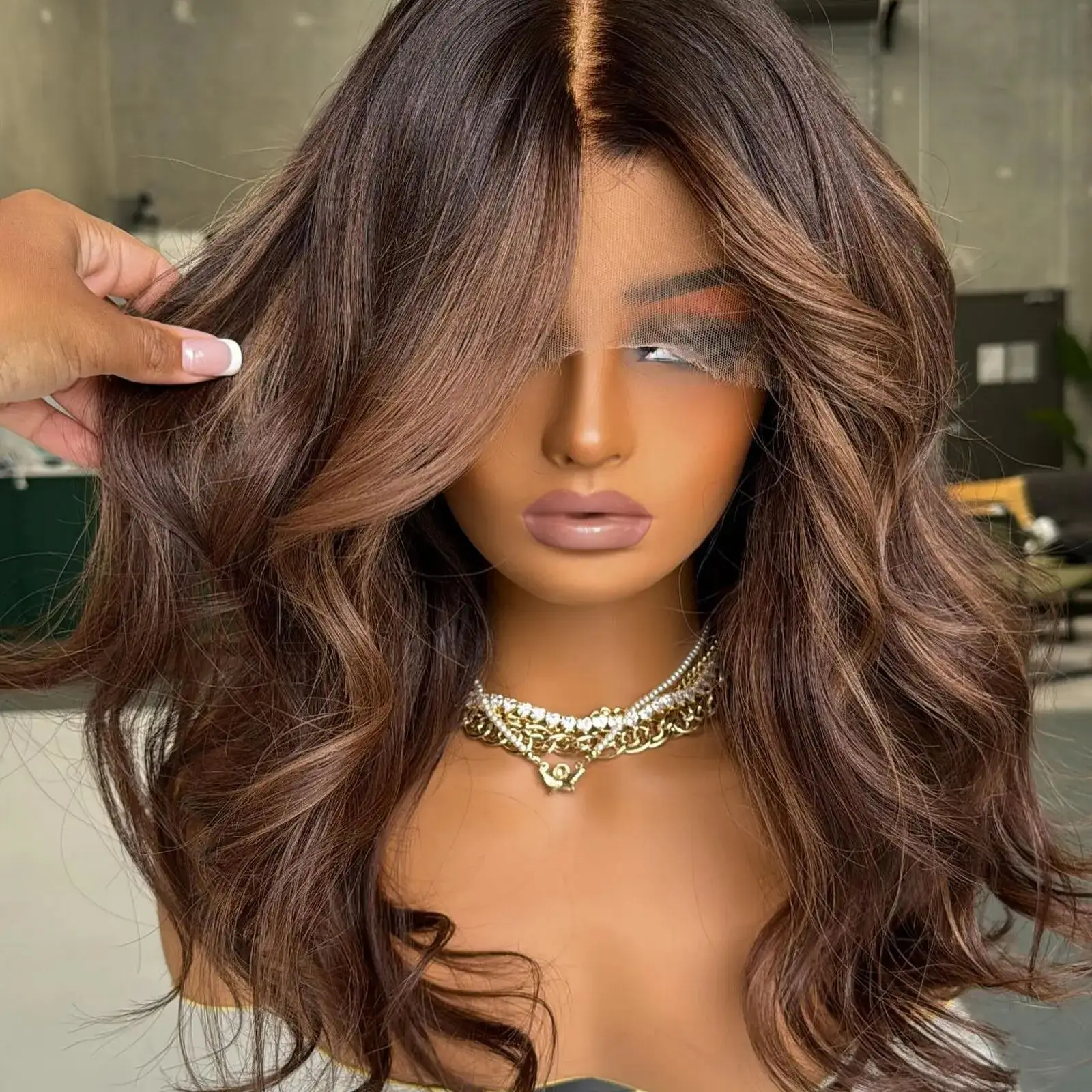 Dark Chocolate Brown High Quality Synthetic Lace Frontal Wigs Trendy Loose Wave Futura Wig Free Part Premium Wig On Clearance