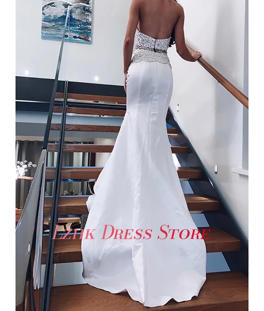 Personalizado de luxo cetim sereia cristal lantejoulas vestido noite sexy halter sem mangas até o chão vestidos de ocasião sob medida