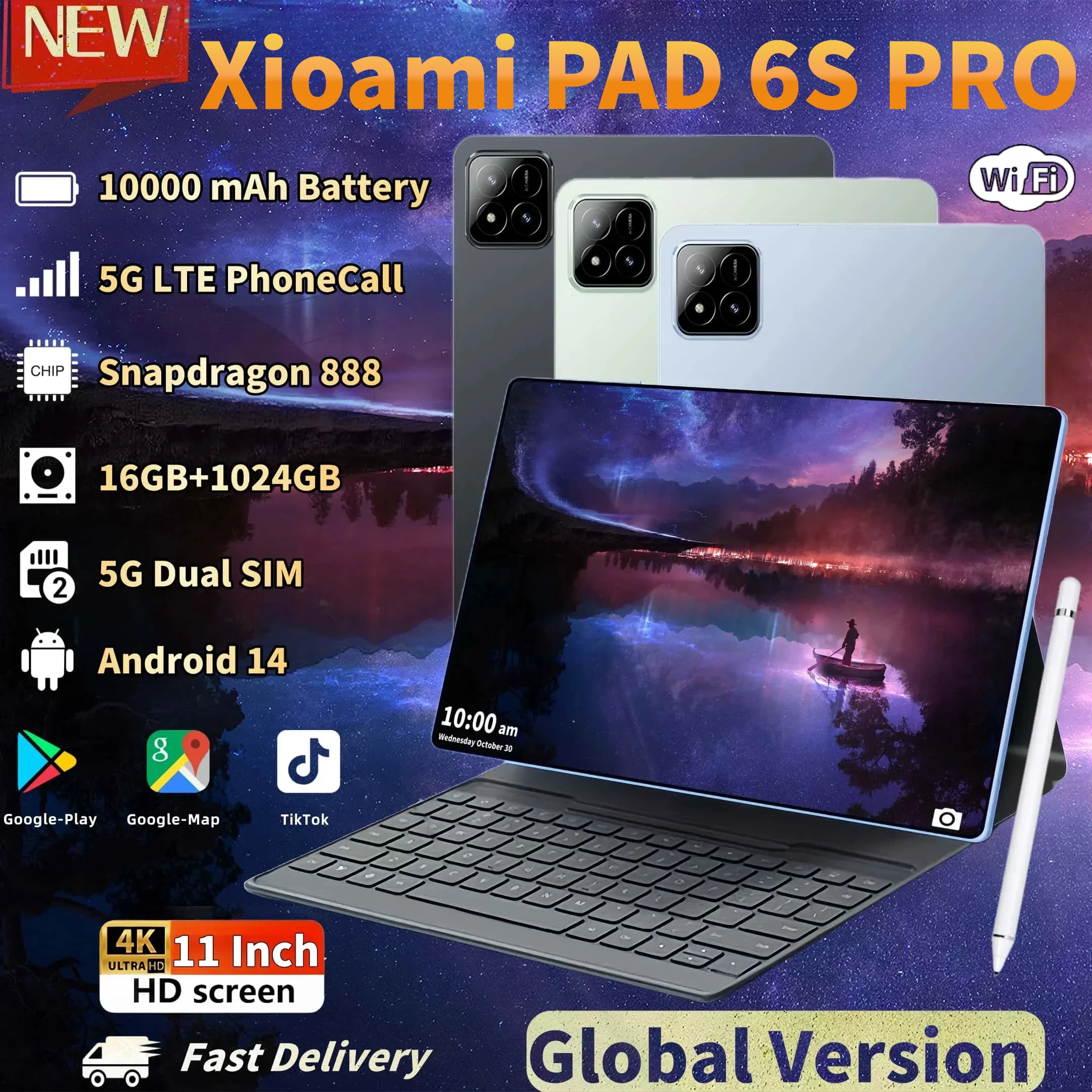 2024 Global Version Original Pad 6S Pro Tablet Android 14 Snapdragon 888 Call Phone Tablets GPS 5G WiFi Dual SIM HD 4K Mi Tab