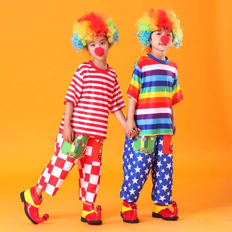 Fato de palhaço fofo para crianças, roupas coloridas de carnaval, roupas infantis, vermelho e azul de circo, cosplay de Halloween