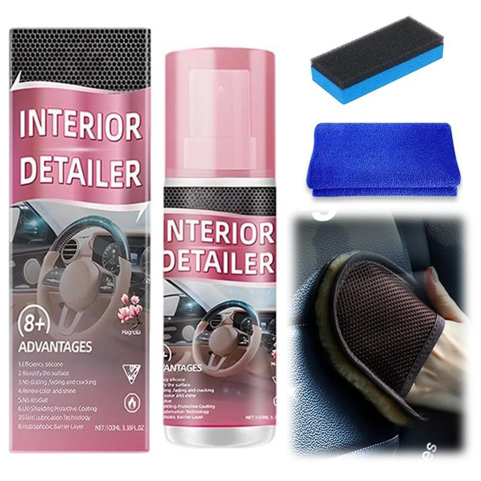 100ml Car Interior Cleaner Spray with Towel and Sponge All Purpose Car Interior Detailer Cleaner for Seats Dashboards & Consoles