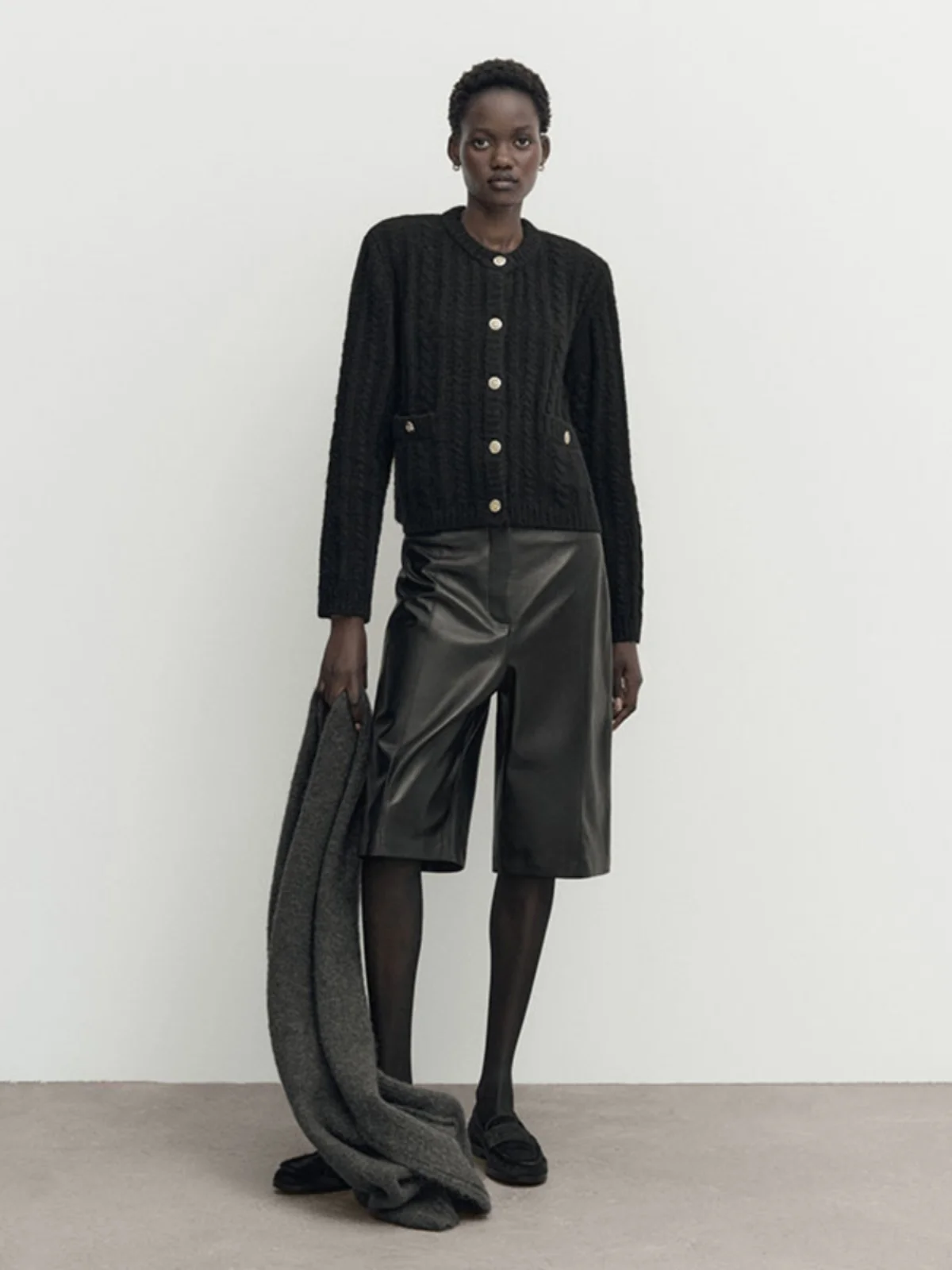 Faionable round Ne Knitted ort Coat MD Women's Bla Boucle Sle Open Front Knitwear New Arrival Autumn Winter