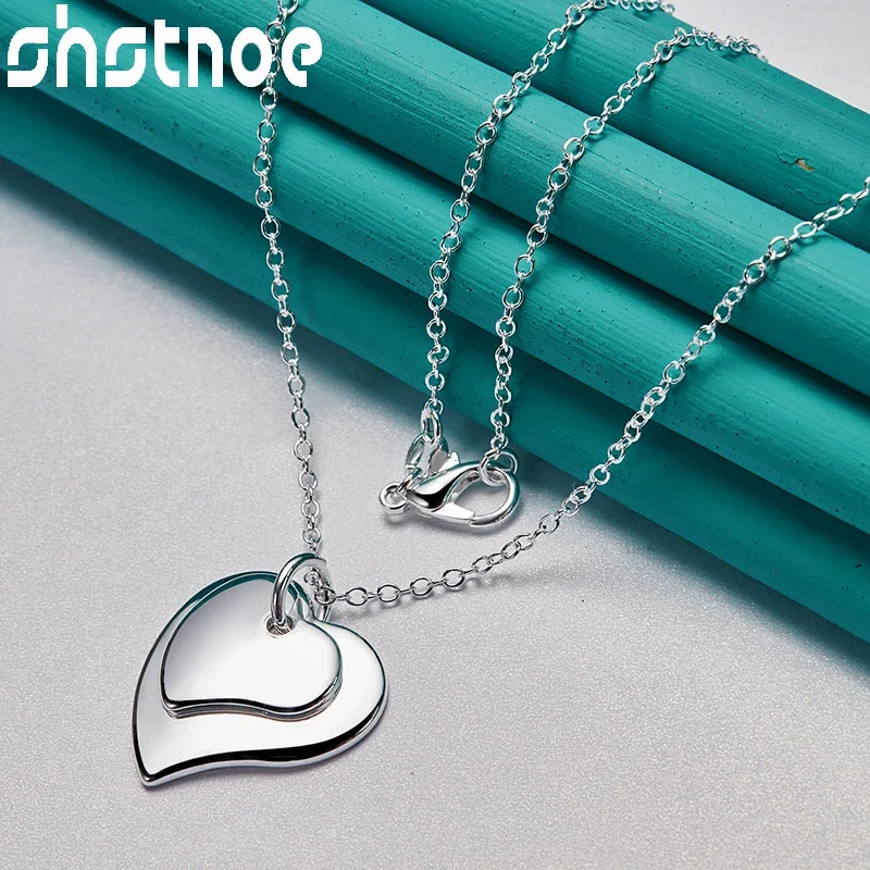 SHSTONE 925 Sterling Silver Double Heart Pendant Necklace For Women 40-75cm Chain Birthday Party Anniversaries Fashion Jewelry