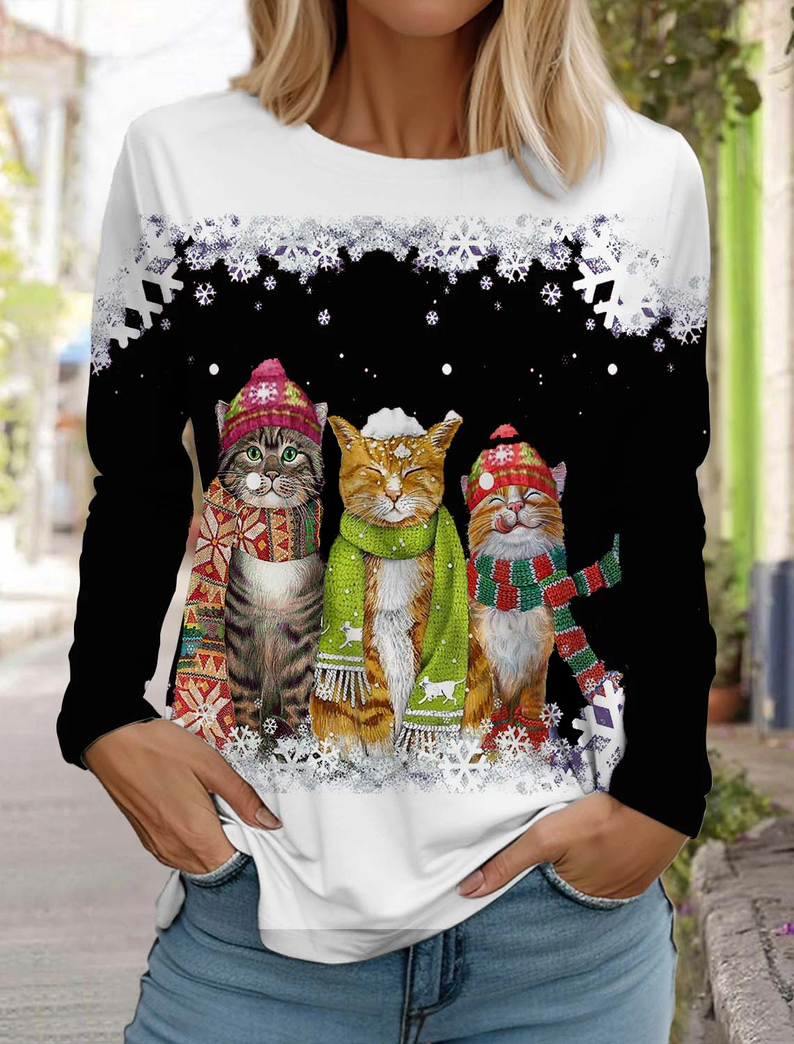 Christmas Cute Cat Women's Long Sleeves T-Shirt Round Neck Long Sleeved Autumn Clothing Animal Holiday Fashion Party T-Shirt