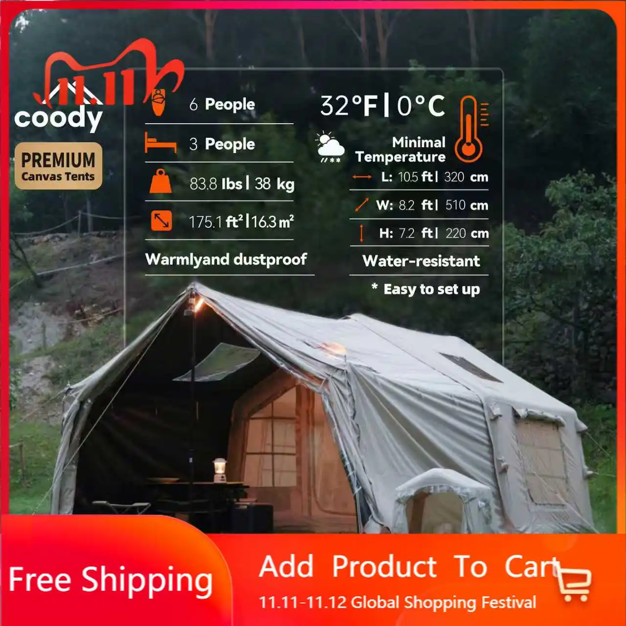 Coody 8.0+ Beige Inflatable Tent With Framed Foyer Waterproof Resort Camping