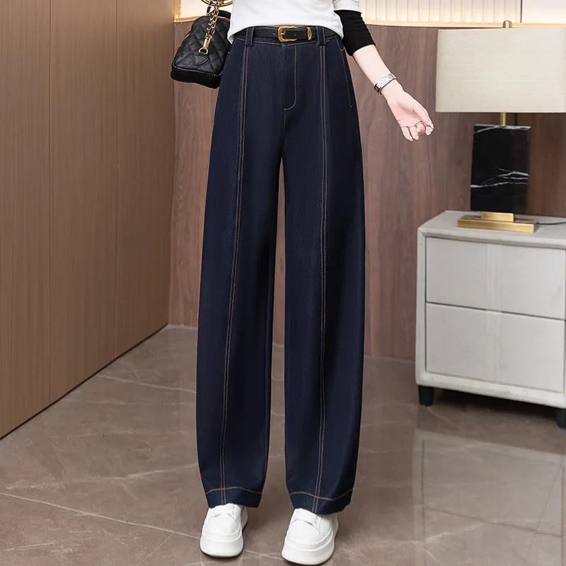 جينز أزرق من قماش الدنيم واسع الساق للنساء، سروال مستقيم جديد عالي الخصر للتخسيس فضفاض ثنيات مقاوم للتجاعيد