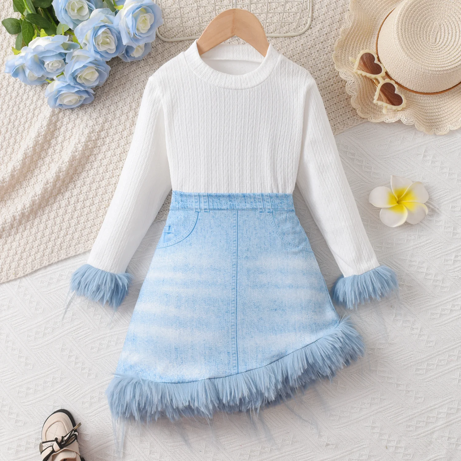 

Spring Girls' New Solid Color Patchwork Round Neck Long Sleeved Irregular Fringed Skirt Fashionable and Simple Two-Piece Set