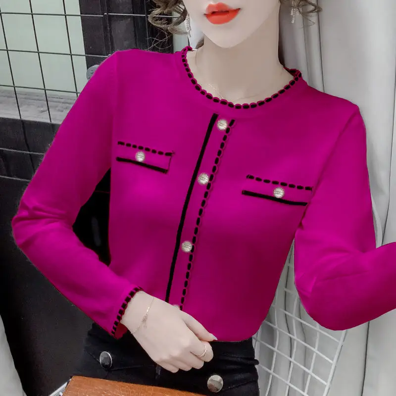 2024 Spring Autumn New Temperament Patchwork Slim Knitting Bottoming Shirt Interior Lapping Ladies Sweater Top Tee Women Clothes