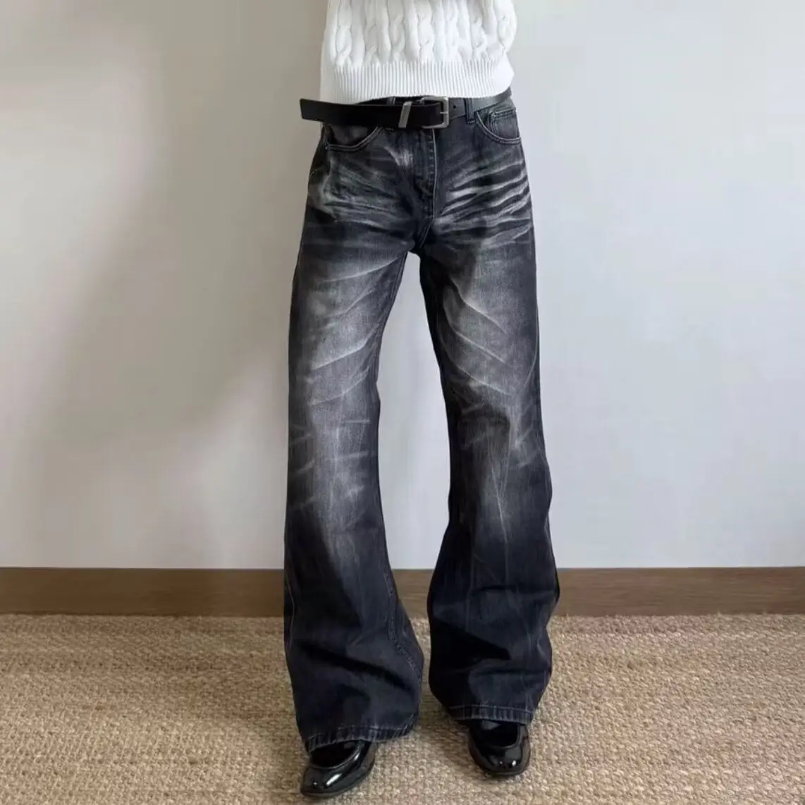 Men's Cat Whisker Pattern Street Retro Black Jeans Pants Boy Bottoms High Waist Vintage Spring Sweatpants Male Straight Trousers