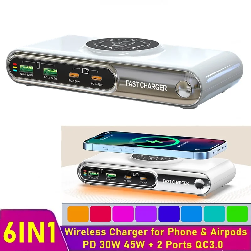 

72W Intelligent 4 Port USB PD 45W QC3.0 Fast Charger Magnetic Wireless Charging Station for Iphone 16 15 14 Macbook Airpods Pro