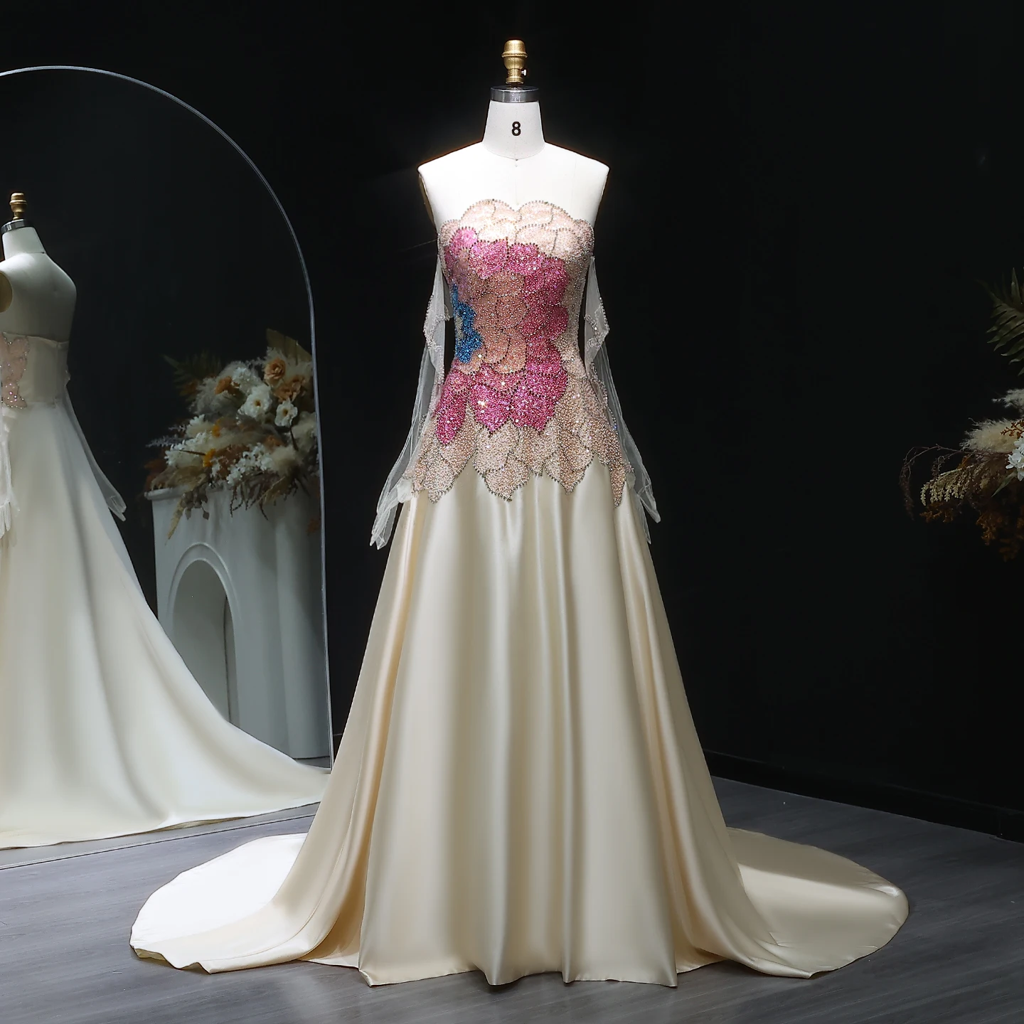 Sharon Said Luxury Strapless Dubai Evening Dress with Gloves Elegant Beige Satin Long Women Wedding Party Gowns SS513 Customized image 3