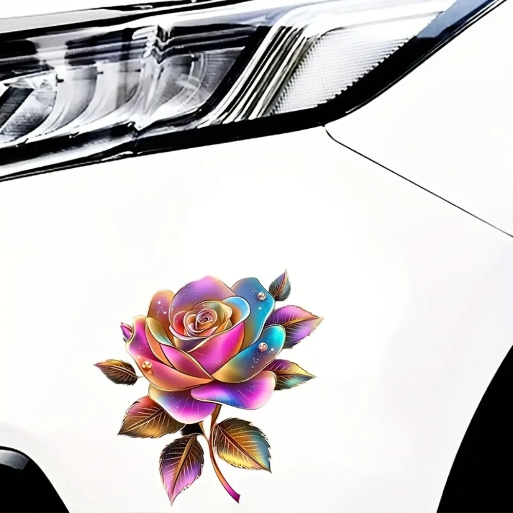 2D Flat Set of Three Large Shiny Multicolored Rainbow Rose Vinyl Stickers Measuring 6 Inches Perfect for Dec Cool Car Laptop