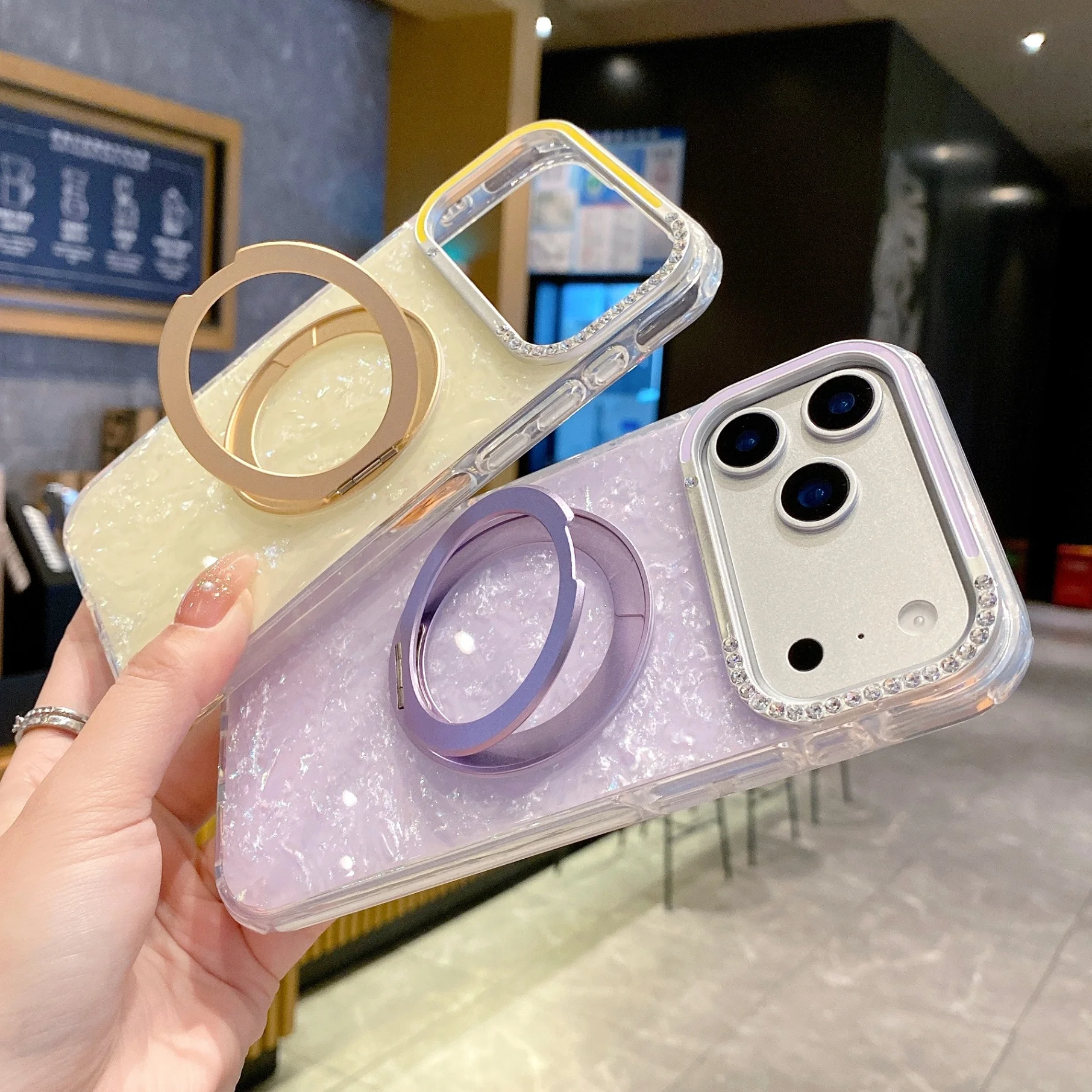 حافظة هاتف لامعة على الموضة الفاخرة مع حلقة مغناطيسية الماسية حامي الكاميرا MagSafe غطاء آيفون 17 16 15 14 13 #3