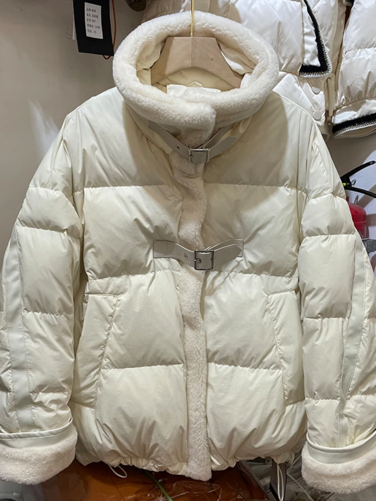 Fitaylor-casaco de pato branco para mulheres, lã de cordeiro casual, parka de retalhos, outwear grosso quente, gola, inverno