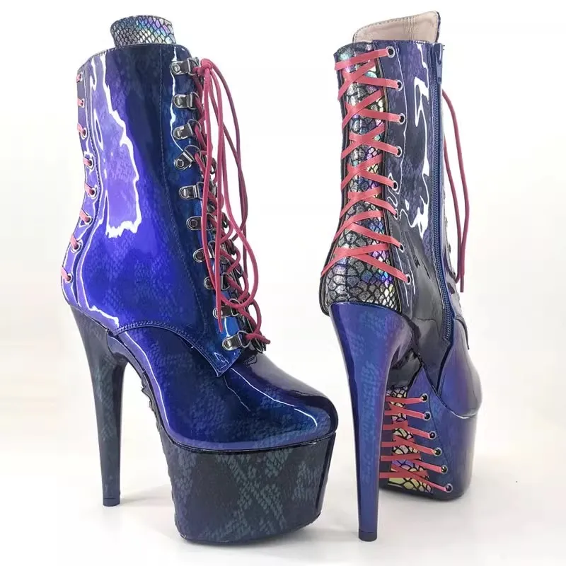 LAIJIANJINXIA New Blue PU Upper 17CM/7Inches Women's Platform Party High Heels Modern Boots Pole Dance shoes 064