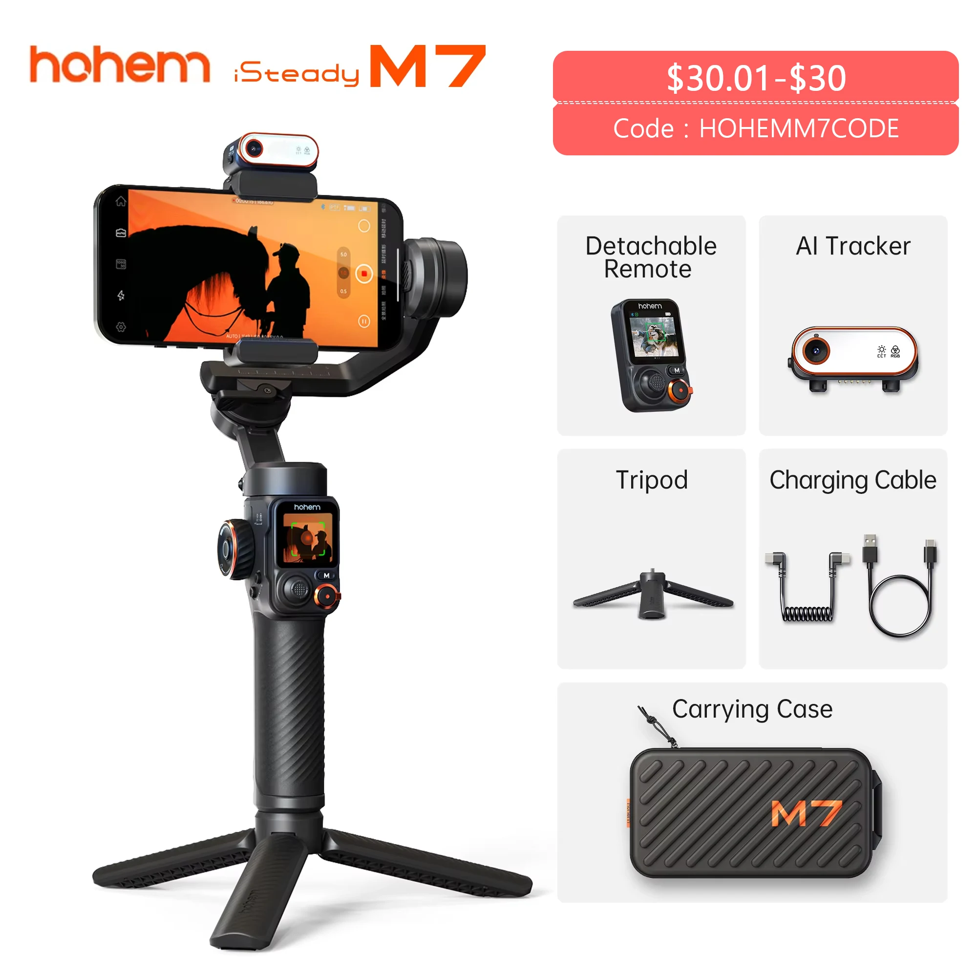 Hohemelneady М7 Stabilizer Ai Face Tracking 3-Axis Phone Gimbal المدمج في Selfie Stick iPhone16/Samsung Gimbal
