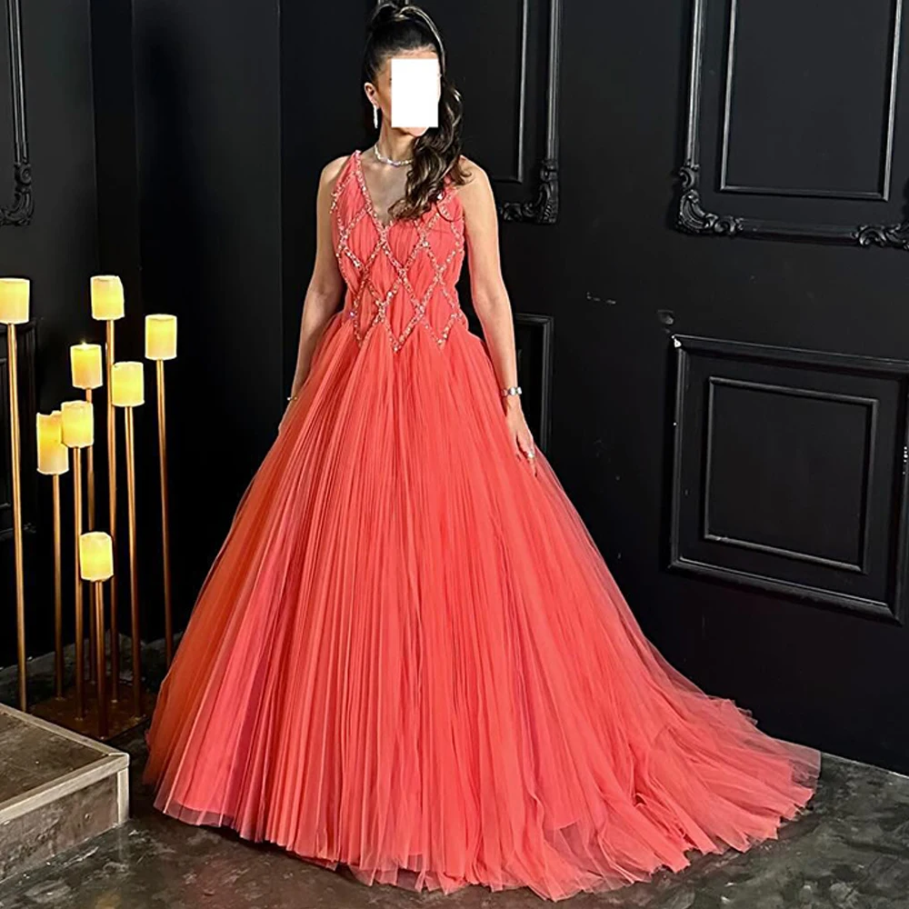 Modern Tulle Evening Dress Customized Elegant V-Neck Sleeveless Homecoming Dresses Classic Court Train Special Occasion Gowns