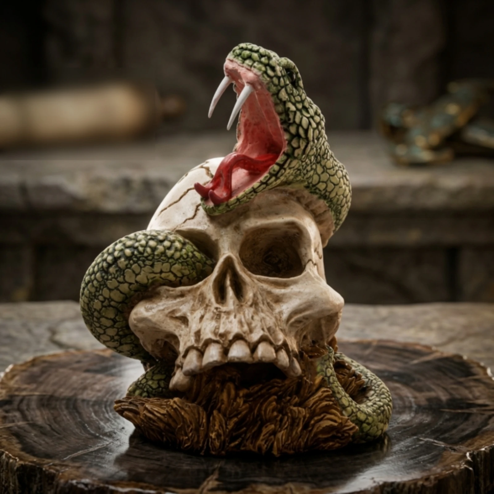 Serpent Skull Sculpture Decorative Skull Sculpture Snake Statue Spooky Spiritual for Collectors, Halloween Decor