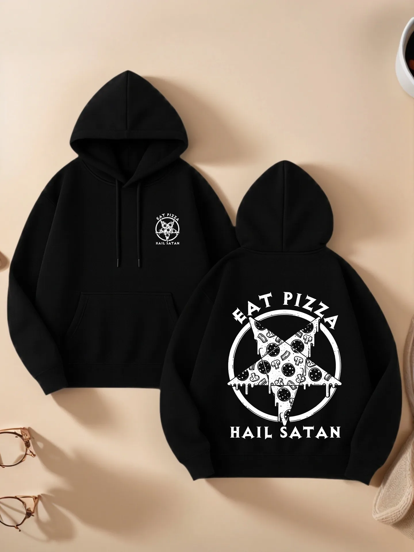 

Graphic Hoodie Women, Eat Pizza Hail Satan Print, Streetwear Aesthetic, Soft Fabric, Casual Everyday Wear, For Young Men