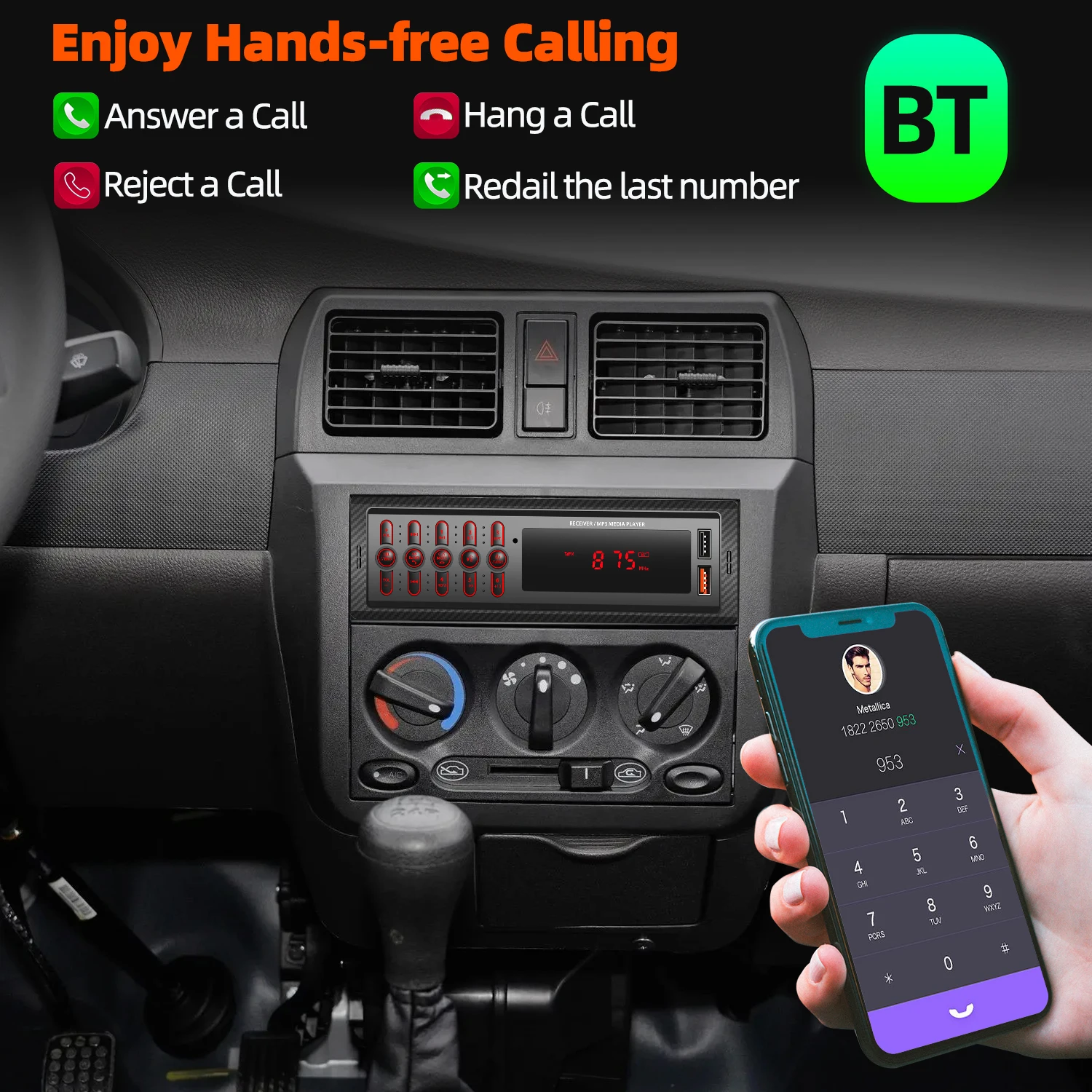 Radio con Bluetooth para coche, reproductor MP3 con entrada AUX, llamadas manos libres, USB Dual, inalámbrico 1099, compatible con función FM ISO