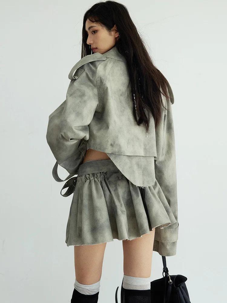 [EAM]  Gray Big Size Jacket Half-body Skirt Two Pieces Suit New Lapel Long Sleeve Women Fashion Tide Spring Autumn 2024 1DH7068