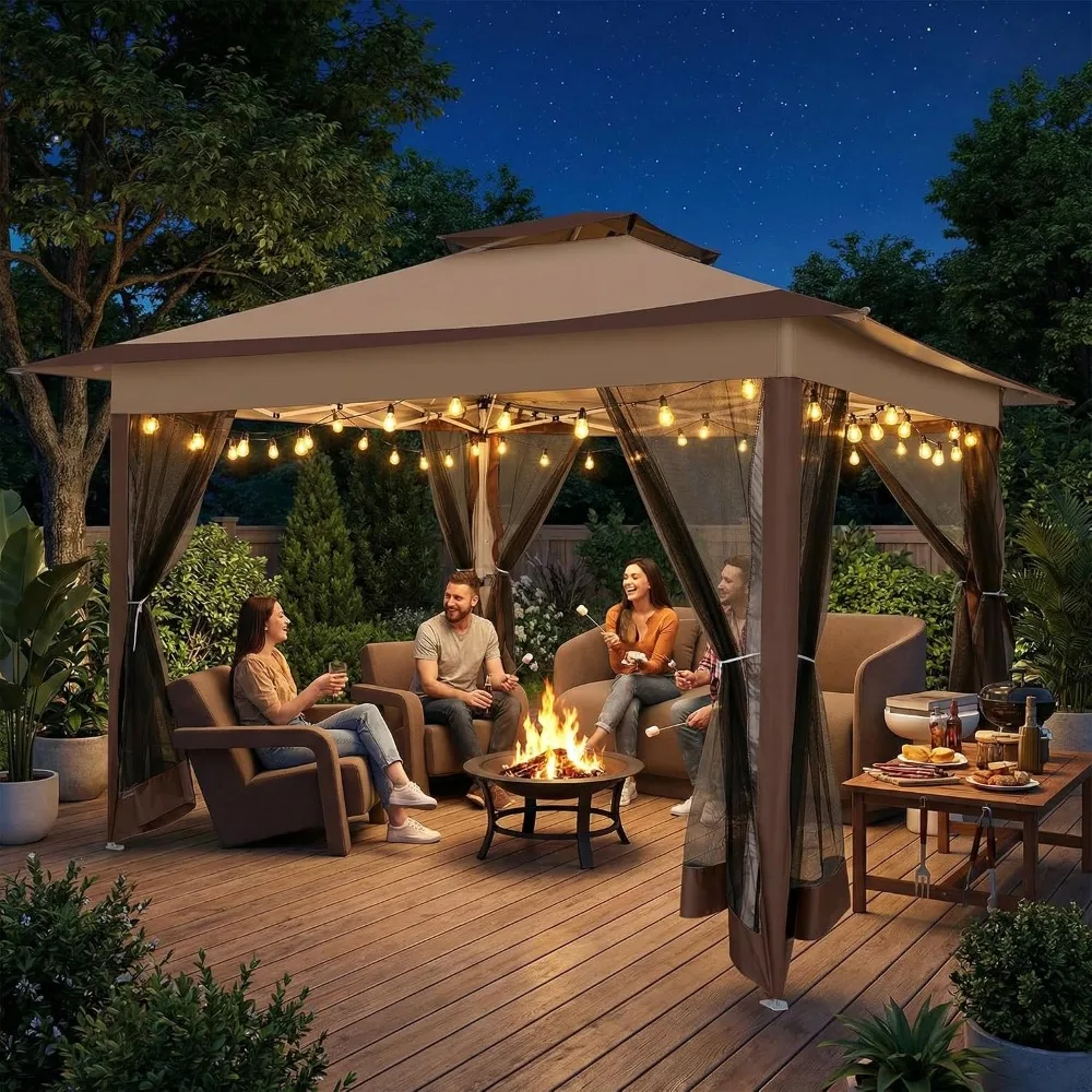 12x12 Pop Up Metal Outdoor Gazebo Waterproof Portable with Mosquito Netting and 4 Ropes 8 Stakes Carry Bag Patio Garden Coffee