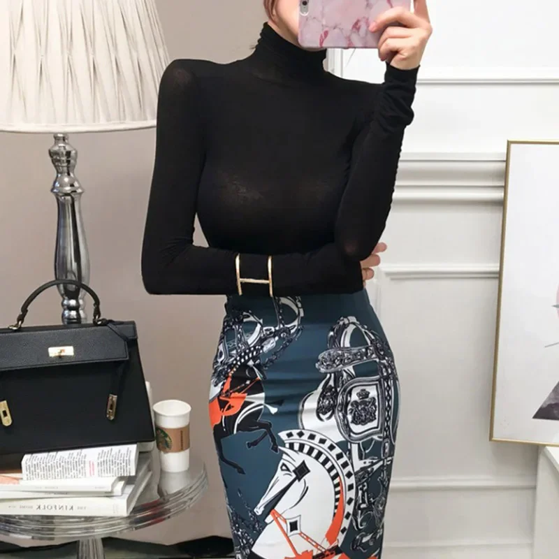 

2024 Fall Fashion Women's Tshirt Solid Long Sleeve Turtleneck Tops Ladies Tight Bottom See Through Sexy T shirt clothing